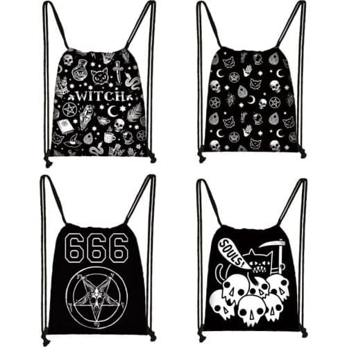 Witch / 666 / Hail Satan Drawstring Bag Black Cat Witchcraf /Baphomet Backpack Women Storage Bags for Travel Girl Shoes Holder
