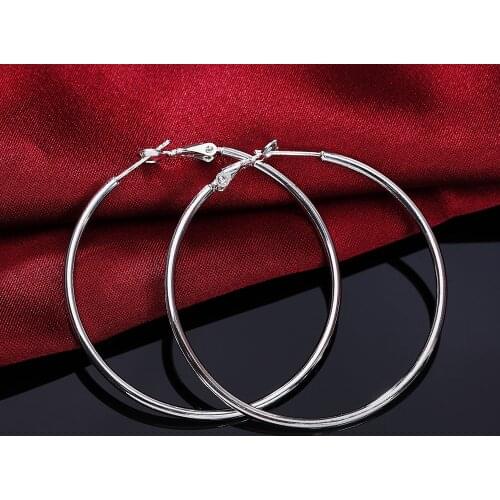 Women 100% N925 Sterling Silver color Hoop Earring/60mm Round Circle Loop Gifts Box Packing Simple Silver color Hoop Earrings