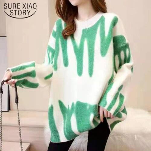 2021 Winter Chic O-Neck Loose Long Sweater Elegant Green Striped Print Oversized Pullovers Women Streetwear Warm Outerwear 17178