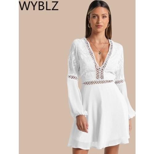 WYBLZ Sexy Hollow Out Mini Dress Black Clothes Backless Dress Long Sleeve Women Summer 2021 Elegant Boho White Beach Dresses