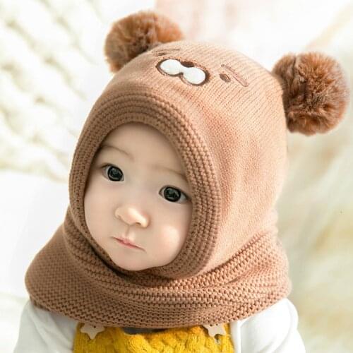 2019 Knit Short Plush Hooded Scarf Kids Hat And Scarf Child Winter Warm Protection Ear Pom Pom Cap Scarves Girls Boy Accessories