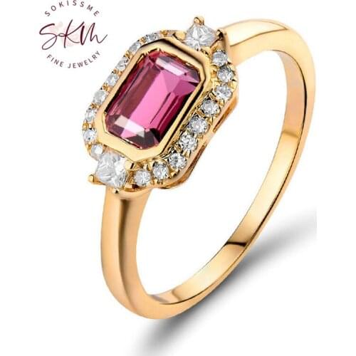 SKM brand designer 14k rose gold Engagement Diamond rings for Women Emerald Cut Pink Tourmaline