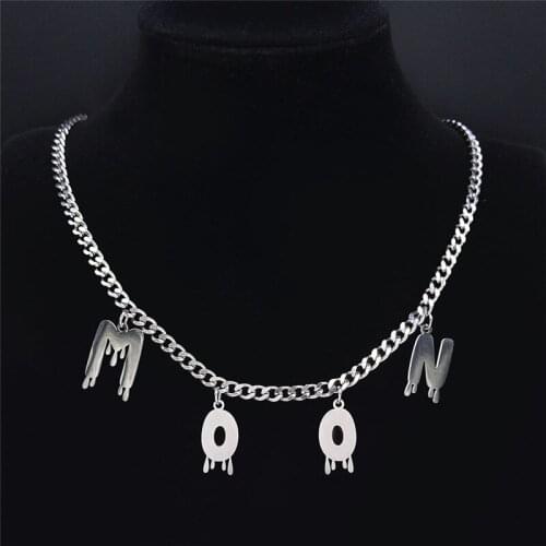 Hip Hop Stainless Steel Moon Letter Chain Necklace for Women/Men Silver Color Moon Necklaces Jewelry collier lettre N7003S03
