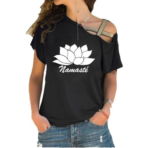 Lotus Flower Print T Shirt Summer Short Sleeve Women Irregular Skew Cross Bandage cotton tees