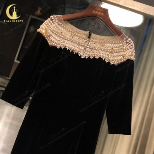 JIALINZEYI Rhine Black Velevt With Pearls Mermaid Fashion Half Sleeves вечерние платья Mother dress New Evening dress 2021