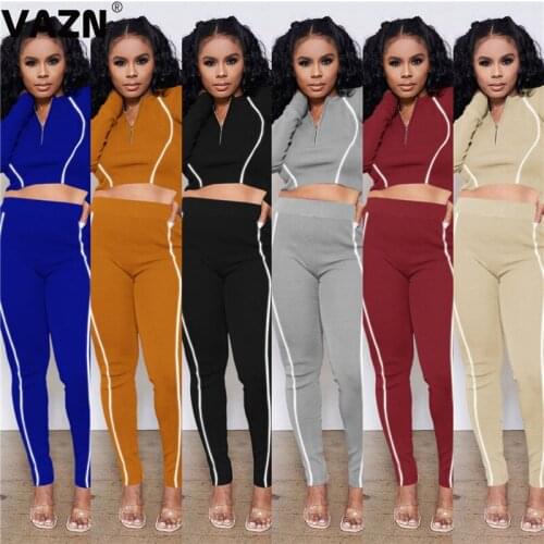 VAZN 2020 Autumn Sexy Lady Solid 6 Colors Long 2-Piece Set Full Sleeve V-neck Short Tops Skinny Pants Set Young High Street Sets