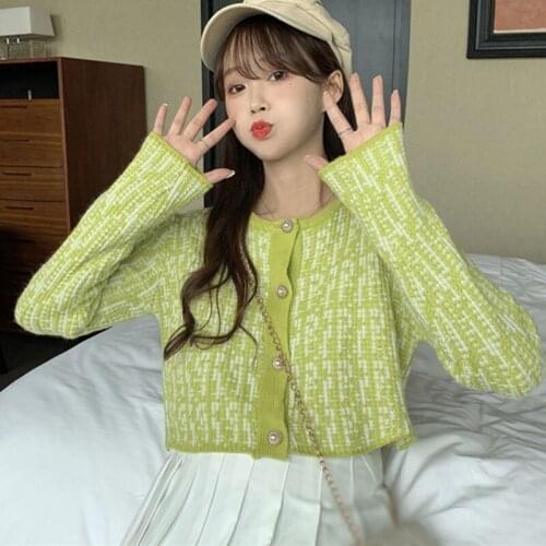 Women Knitted Short Cardigan Korean Short Sweater Autumn Long sleeve O Neck Tops Gentle Jacket
