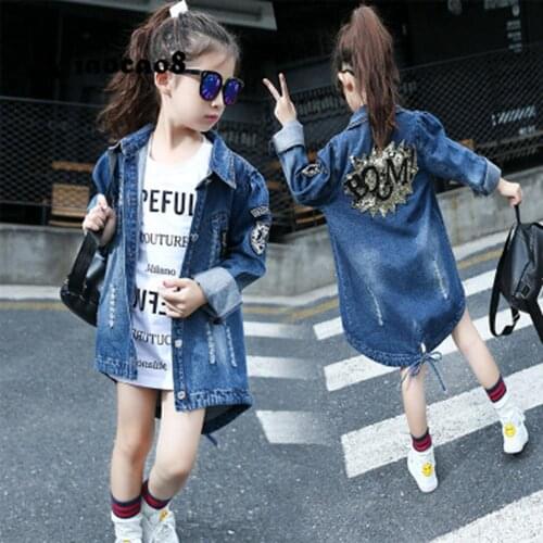 Girls jackets kids cowboy style sequins outwear 2019 autumn girls long coats childrens denim jackets fall jean jacket clothes