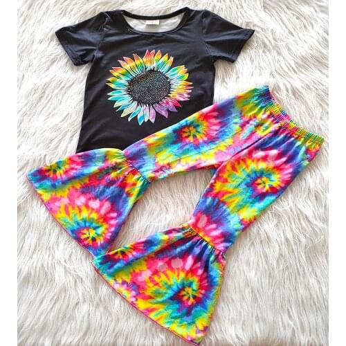 Colorful flower girl summer outfit children top with sunflower pattern and bell pants set girl fashion Tie-dye design outfit