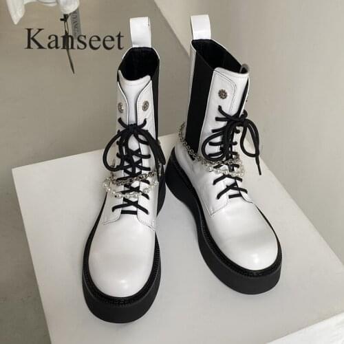 Kanseet Winter Shoes 2021 New Round Toe Mid-Calf Boots Women Pearls Chain Decoration Handmade Chunky Heels Platform Female Boots