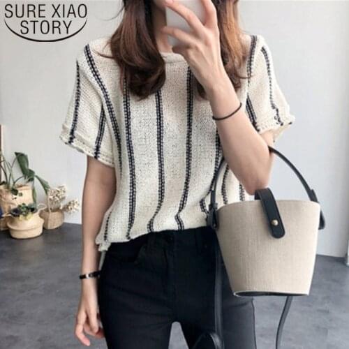 2020 Summer New Simple Slim-Fit Knitted Short Sleeve Blouse Women Round Neck Striped Women Blouse All-match Fashion Tops 8789 50