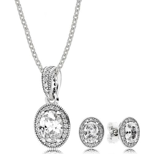 NEW 100% 925 Sterling Silver Elegant Sparkling Crystal Zircon 296247CZ VINTAGE ELEGANCE EARRING STUDS Necklace Set CS1716