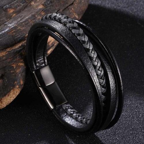 New Design Multi-layers Handmade Braided Genuine Leather Bracelet & Bangle For Men Stainless Steel Fashion Bangles Gifts