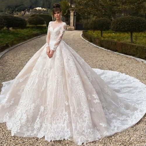 Traugel Luxury Scoop Neck Long Sleeve Lace Vintage Wedding Dresses Elegant Applique Button Cathedral Train A Line Bridal Gown