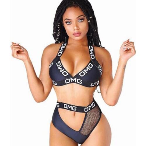 Sexy Letter Print Bikini Set Women High Waist 2 Pieces Female Biquini Swimwear Swimsuit Black