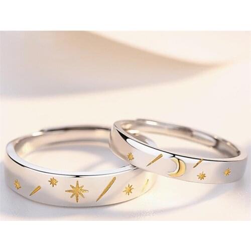 Sun Moon Star Couple Opening Ring Resizable Simple Fashion Sweet Romantic Golden Star Moon Valentines Day Gift Meteor Shower
