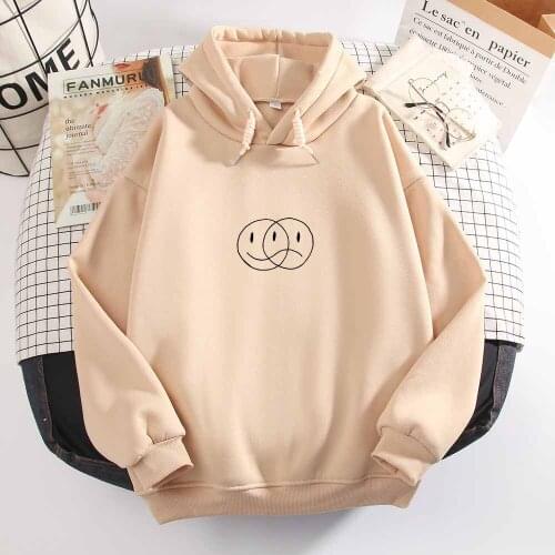 Hoodie Sweatshirt Pullover Women Oversize Apricot Hoodie Duality Smile Sad Face Plus Size Long Sleeve Autumn Winter Warm Top