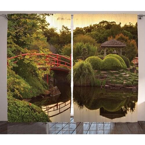 Japanese Curtains Peaceful Garden in Twilight with Reflections in The Water Red Bridge on Pond Sunset Living Room Bedroom Decor
