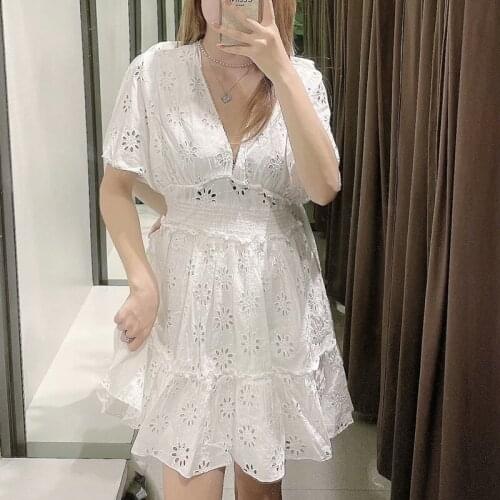 ZA Summer Women Embroidery Dress 2021 Solid Hollow Out Dress Lady Party Vestido Elegant Girls A-line V-Neck Causal Outfits