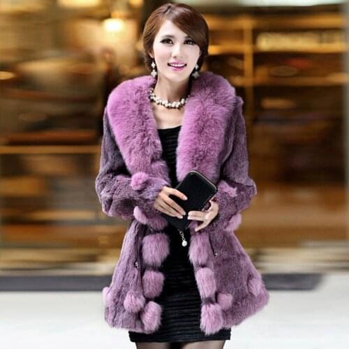 2017 Autumn and Winter Womens Genuine Real Rabbit Fur Coat with Fox Fur Collar Female Slim Outerwear Clothing VF0039