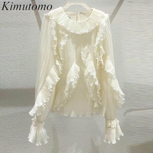 Kimutomo Elegant Ruffles Blouses Women Solid Color 2021 Autumn New Korea Fashion Female Flare Sleeve Chiffon Ladies Tops Casual