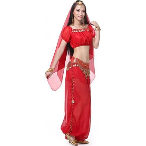 4PCS/Set Women Belly Dance Dress Professional Short Sleeve Top + Lantern Pants Costume Sets Ladies Indian Dancing Party