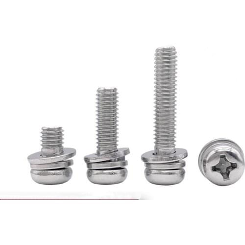 50pcs M2 M2.5 M3 M4 Stainless Steel Phillips Pan Head 3-in-1 Combination Screw Three set screws with washers