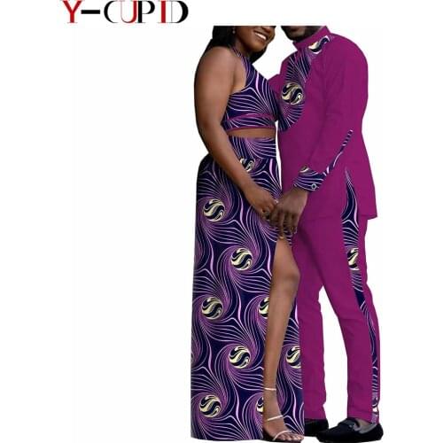 African Clothes for Couples Women Print Crop Top and Skirts Matching Men Outfits Bazin Ankara Shirts + Pants Sets YA20C009