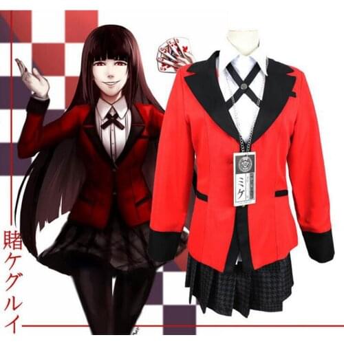 Anime Kakegurui Yumeko Jabami Cosplay Costume Japanese School Uniform women Costumes Jacket+Shirt+Skirt+Stockings+Tie+Tag+Wig