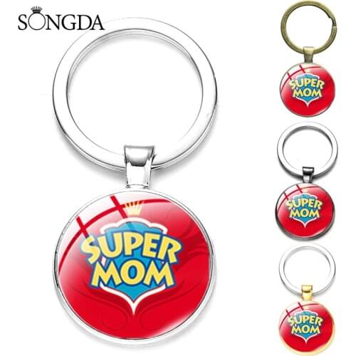 Super Mom Dad Keychain My Dad Is A Superhero Glass Cabochon Pendant Keyring Family Jewelry for Mothers Day Fathers Day Gifts