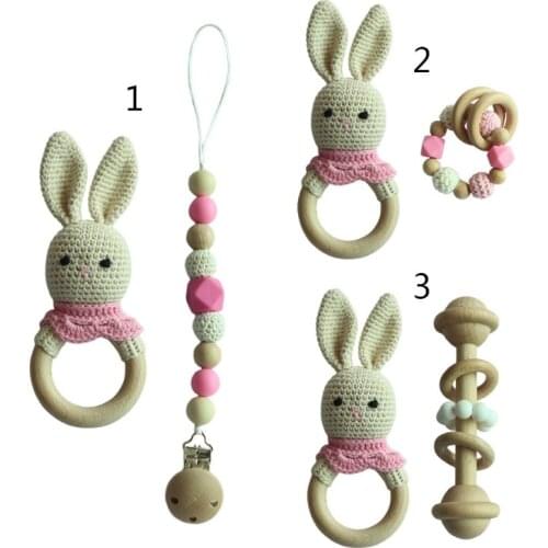 Crochet Wooden Ring Baby Teether Animal Rattle Chewing Teething Nursing Soother Molar Infant Toy Accessory