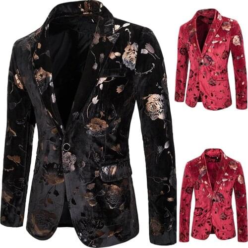 Gold Floral Print Mens Blazer Black Velvet Slim fit Graduation Party Prom Jacket for Men Night Club Singers Stage Suit Tops 2020