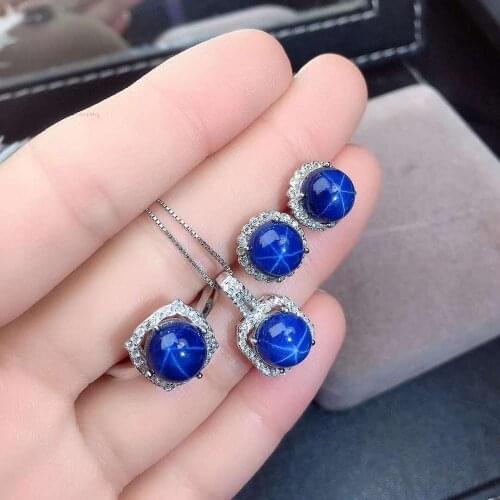 Real Natural Sapphire jewelry set Natural Real Sapphire 925 sterling silver 1pc pendant,1pc ring,2pcs Earring