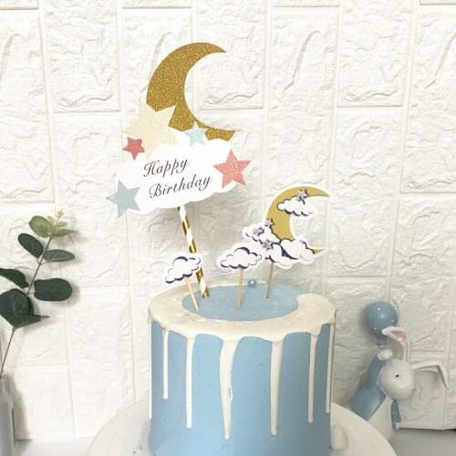 Clouds Cake Topper Happy Birthday Cupcake Topper Moon Party Dessert Wedding Decoration Baby Shower Baking Supplies DIY