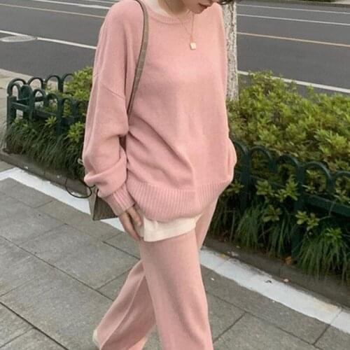 Autumn Winter 2021 New Leisure Suit Womens Two Pieces Korean Knitted Sweater Wide Leg Pants рукава pull oversize pink top