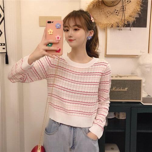 Spring and AutumnKorean Style All-match Fashion Sweater Long-Sleeved T-shirt Womens Western Style Striped Shirt Womens Fashion