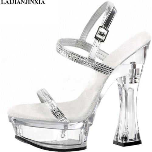 New Rhinestone Buckle Strap Crystal Dress Shoes 14 CM High Heeled Shoes Fashion Spool Heels Party Models Platform Women Sandals