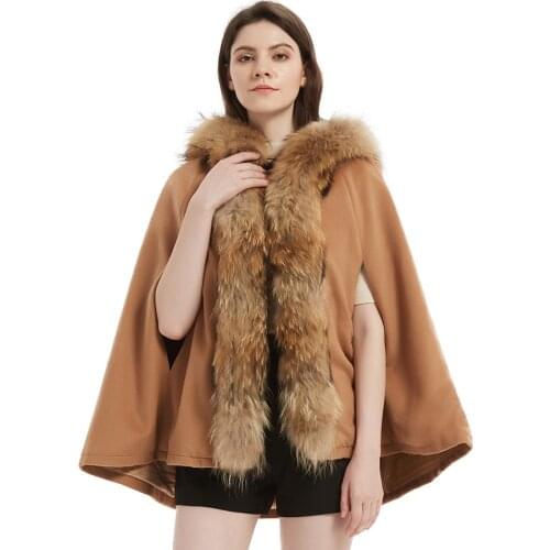 Maomaokong natural Real Raccoon fur collar Removable Woolen Women Coat Womens cape Outerwear Coat Streetwear autumn Wool Cloak