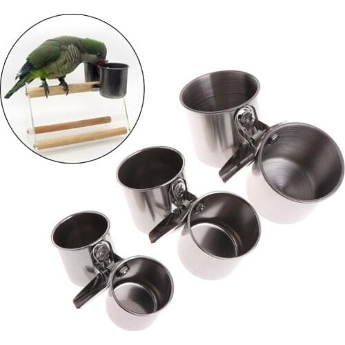 1 Pc Food Water Feeding Bird Double Cups With Clip Stainless Steel Parrot Cage Stand Feeding Tool