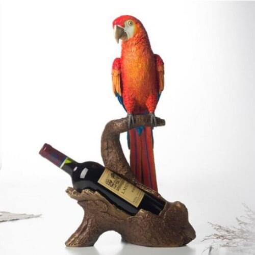 18" Pure Brass colored handcraft drawing carved Bird parrot wine rack statue