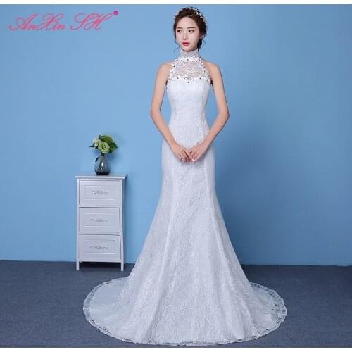 AXJFU Fishtail white lace trumpet wedding dress vintage princess halter sleeveless red flower lace mermaid wedding dress
