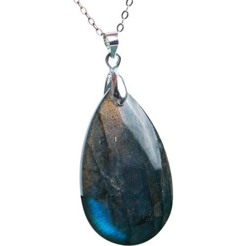 Precious Strong Blue Lights Natural Labradorite Gems Stone Crystal Water Drop Bead Necklace Charm Pendant 36x23x10mm
