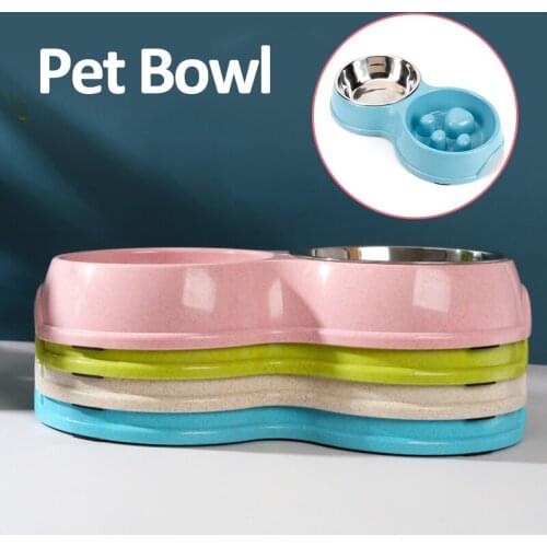 Pet Double Bowls Cat Slow Feeder Healthy Feeding Prevent Choking Dish Dog Bowls Separable Stainless Steel Cat Feeding Food Water