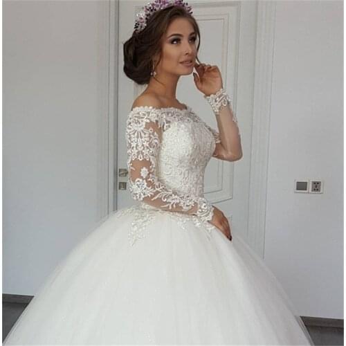 Elegant Ball Gown Off the Shoulder Wedding Dresses vestidos de novia Modest Long Sleeve Appliqued Tulle Bride Dress