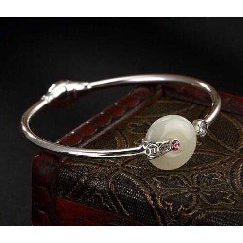 Natural open 925 sterling silver inlaid hetian jade retro safety button temperament simple jewelry bangles bracelet for women