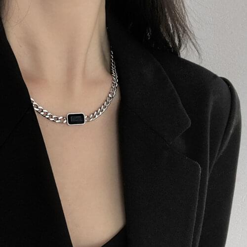 French Vintage Rectangular Black CZ Crystal Stainless Steel Chain Necklace Pendant Jewelry Accessories Prom For Women 2021 Trend