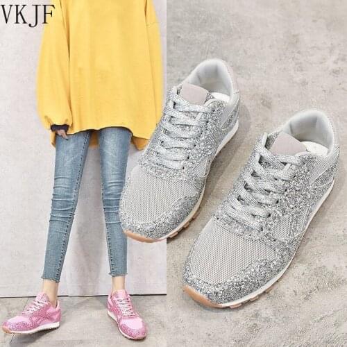 Women Sneakers 2021 Autumn New Casual Flat Ladies Vulcanized Shoes Breathable Lace Up Sequin Basket Femme Tenis Feminino