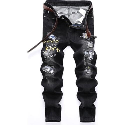 Fashion Hipster Streetwear Patchwork Print Jeans with Holes Mens Straight Slim Denim Pants Embroidery Casual Cowboys Trousers