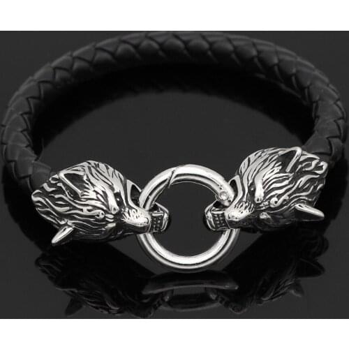 Men 316L Stainless steel leather norse viking wolf bracelet 21 23 25 CM