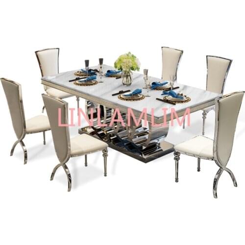 Designer unique new stainless steel golden dining room set with marble table and 6 leather chairs mesa de jantar muebles comedor